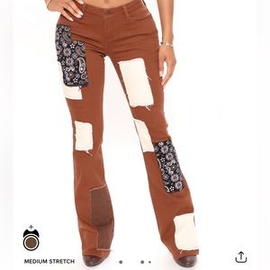 brown patchwork women’s bootcut jeans size 7